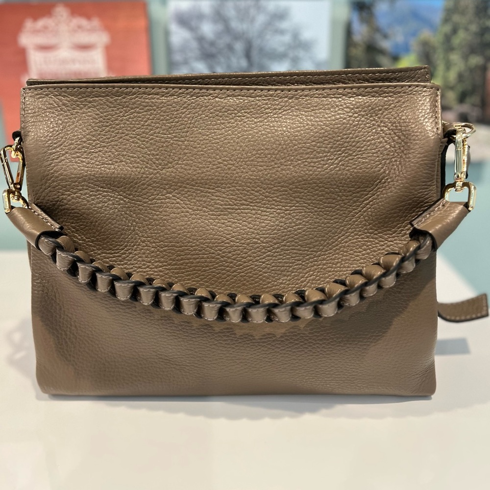 Italian Leather Crossbody Shoulder Bag Olive Taupe Braided Handle New